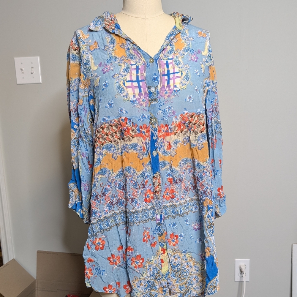 Soft Surroundings Blue Patterned Button-Up Shirt … - image 7